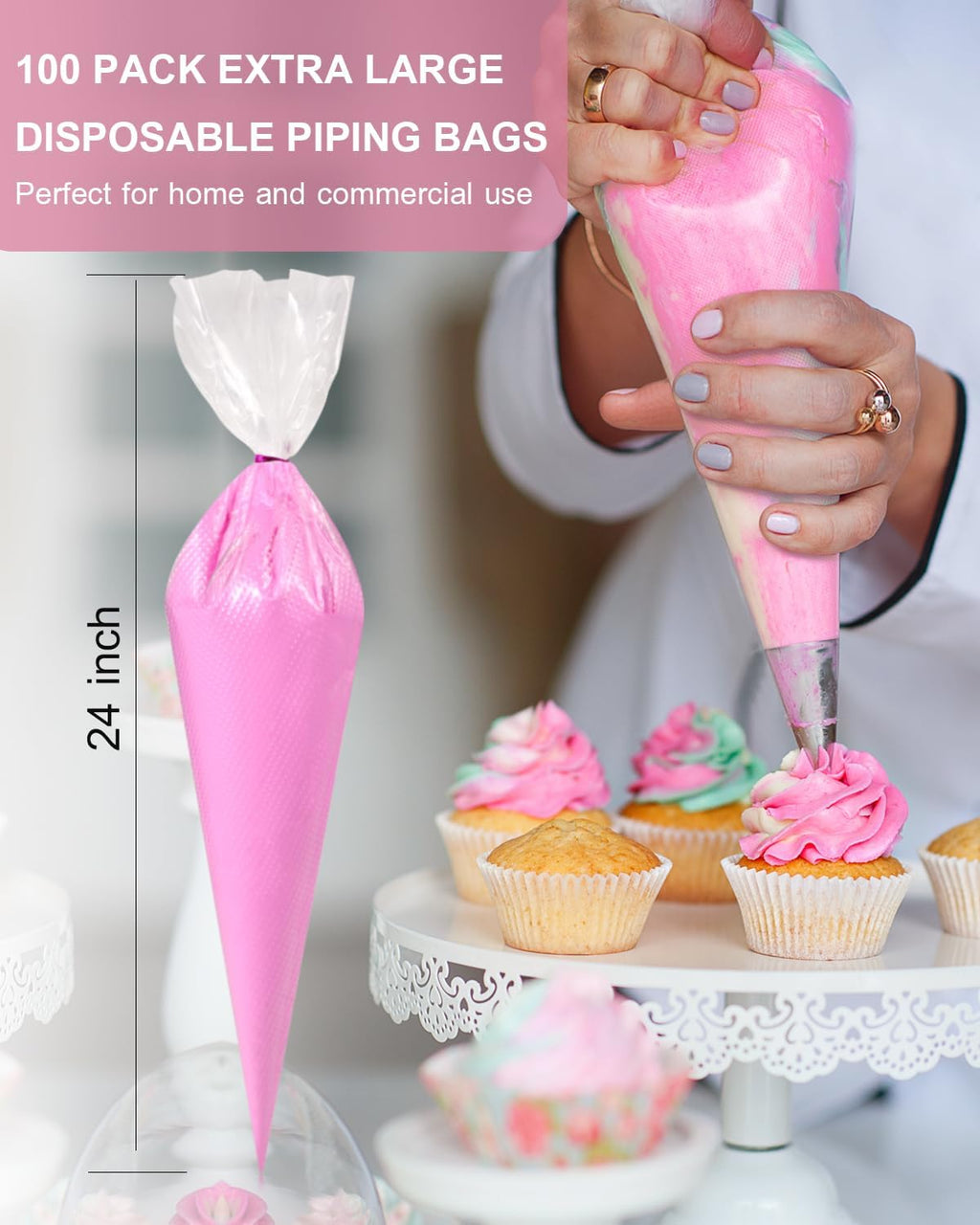 Skiennix 24 Inch Extra Large Disposable Piping Bags - 100 Tipless Thickened Frosting Bags for Cakes & Cookies