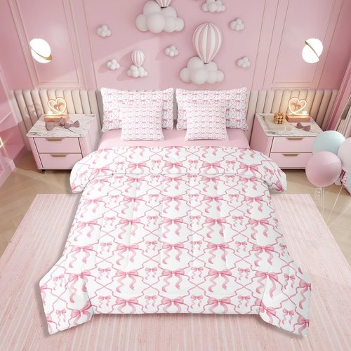 Erosebridal Pink Bow Queen Comforter Set for Kids Teen Women,Cute Ribbon Bowknot Bed in A Bag with Sheetss for Girls Kawaii Watercolor Bow Tie Bedding Set 7 Pieces,Pink White Princess Bowknot Bed Set