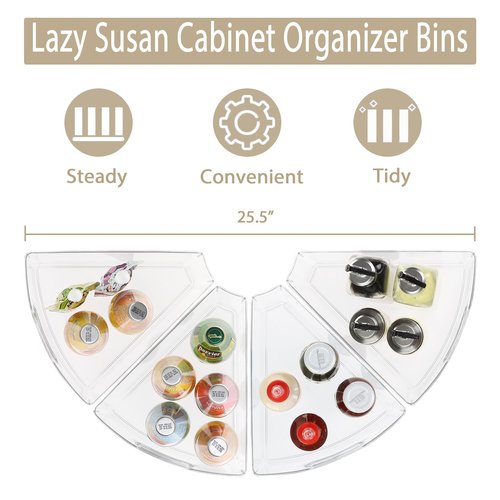 URALFA Lazy Susan Organizers Set of 8, 10"x 9.5"x 4" Corner Cabinet Organizer, Plastic Transparent Kitchen Cabinet Storage Bins with Handle, 4" Deep Container, 1/8 Wedge - Food Safe, BPA Free