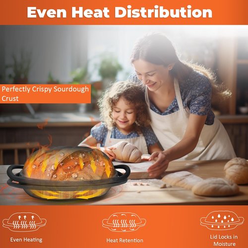 9.2 QT Heavy Duty Pre-seasoned Cast Iron Bread Pan, Large Loaf Dutch Oven with Lid, Sourdough Bread Baking Pan - Compatible with Ceramic/Cooktops/Ovens/Grill/Campfire - with lame, Flour Duster, etc