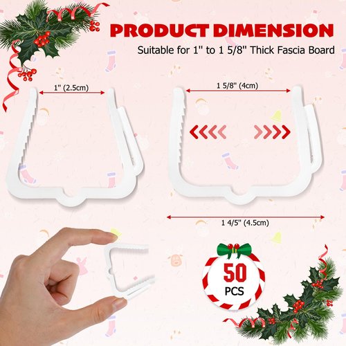 Christmas Light Hanger Clips for Fascia Board, Deck Banister, Roof Gutter, Fence, Eave Decoration - Plastic Holiday Clips (50 PCS, 1 5/8")