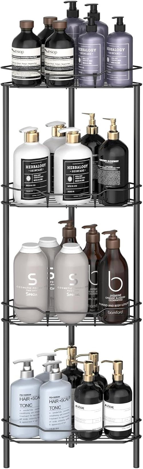 HuggieGems Corner Shower Caddy Organizer - 4 Tier Floor Standing Shelf Rack with Hooks, Matte Black