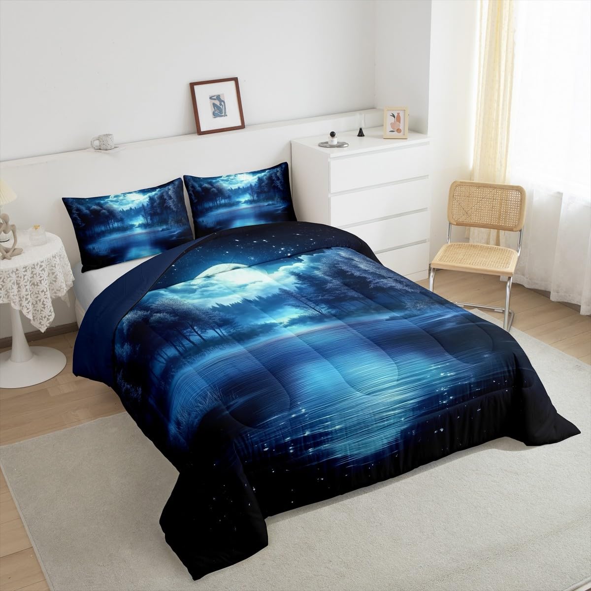 jejeloiu Moon Tree Lake Comforter Set King Size Kids Natural Scenery Bedding Set for Boys Girls Teens Starry Night Sky Comforter Breathable Nature Duvet Set Room Decor Quilt Set