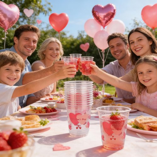 DEALIGHT 50 Pcs 12oz Valentine's Day Plastic Cups Clear Disposable Cups with Pink Hearts | Valentine Party Cups, Galentine's, Party Supplies, Bulk Drinkware