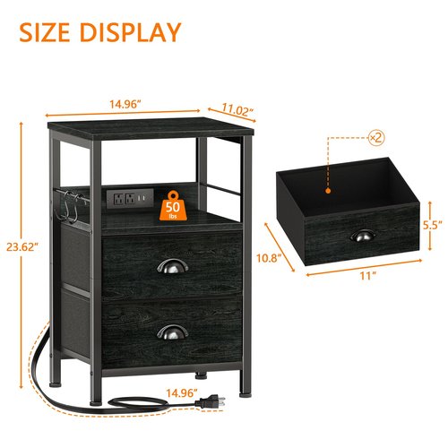 Furologee Nightstand with Charging Station, Black Night Stand with 2 Fabric Drawers, Side Table with USB Ports, End Table with Storage Shelf, for Living Room/Bedroom, Black Oak