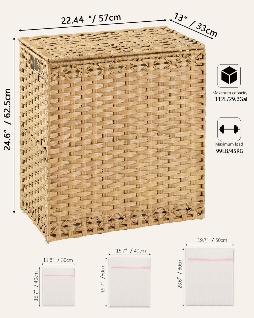 SETVSON Laundry Hamper with Lid Wicker Laundry Basket 112 L (29.6 Gal) Laundry Hampers Handwoven Rattan Clothes Hamper with Handles 3 Removable Liner Bag, 6 Mesh Bags for Bathroom Bedroom Natural