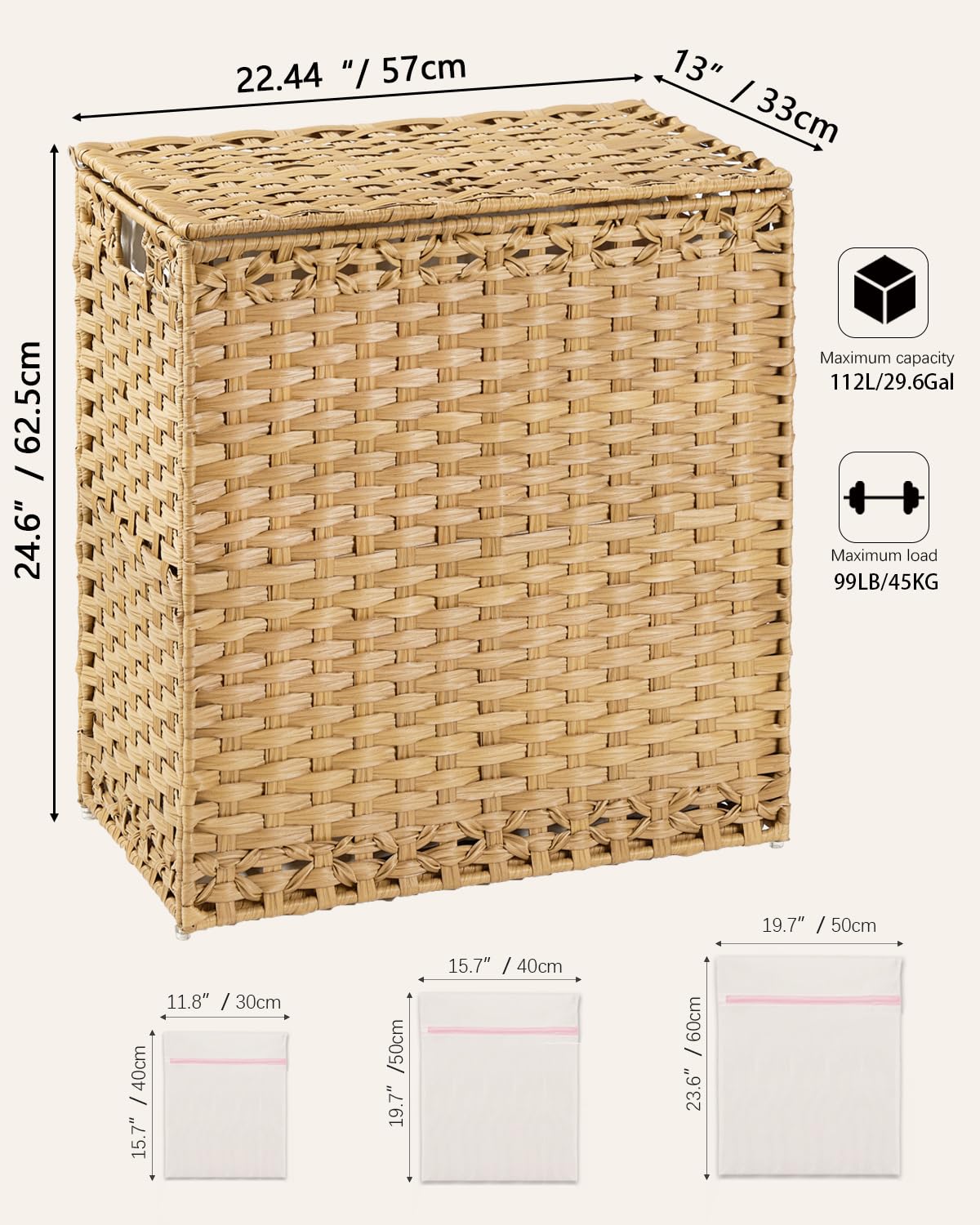 SETVSON Laundry Hamper with Lid Wicker Laundry Basket 112 L (29.6 Gal) Laundry Hampers Handwoven Rattan Clothes Hamper with Handles 3 Removable Liner Bag, 6 Mesh Bags for Bathroom Bedroom Natural