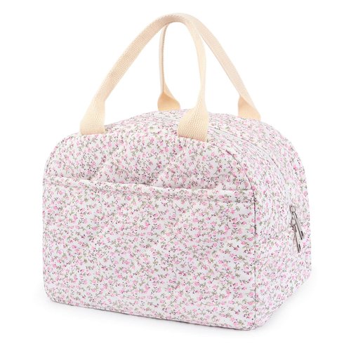 Dark Swan Cotton Quilted Insulated Lunch Bag, Cute Quilted Floral Tote Bags Reusable Lunch Box Coquette Aesthetic Large Capacity Insulated Cooler for Women Work Travel Picnic (Pink)