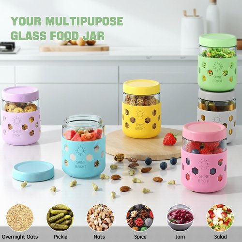 4 Pack Overnight Oats Containers with Lids - Thickened Glass 16 oz Mason Jars with Silicone Sleeves, Wide Mouth Airtight Leak-Proof Chia Seed Pudding Meal Prep Jars for Yogurt Parfait Snacks