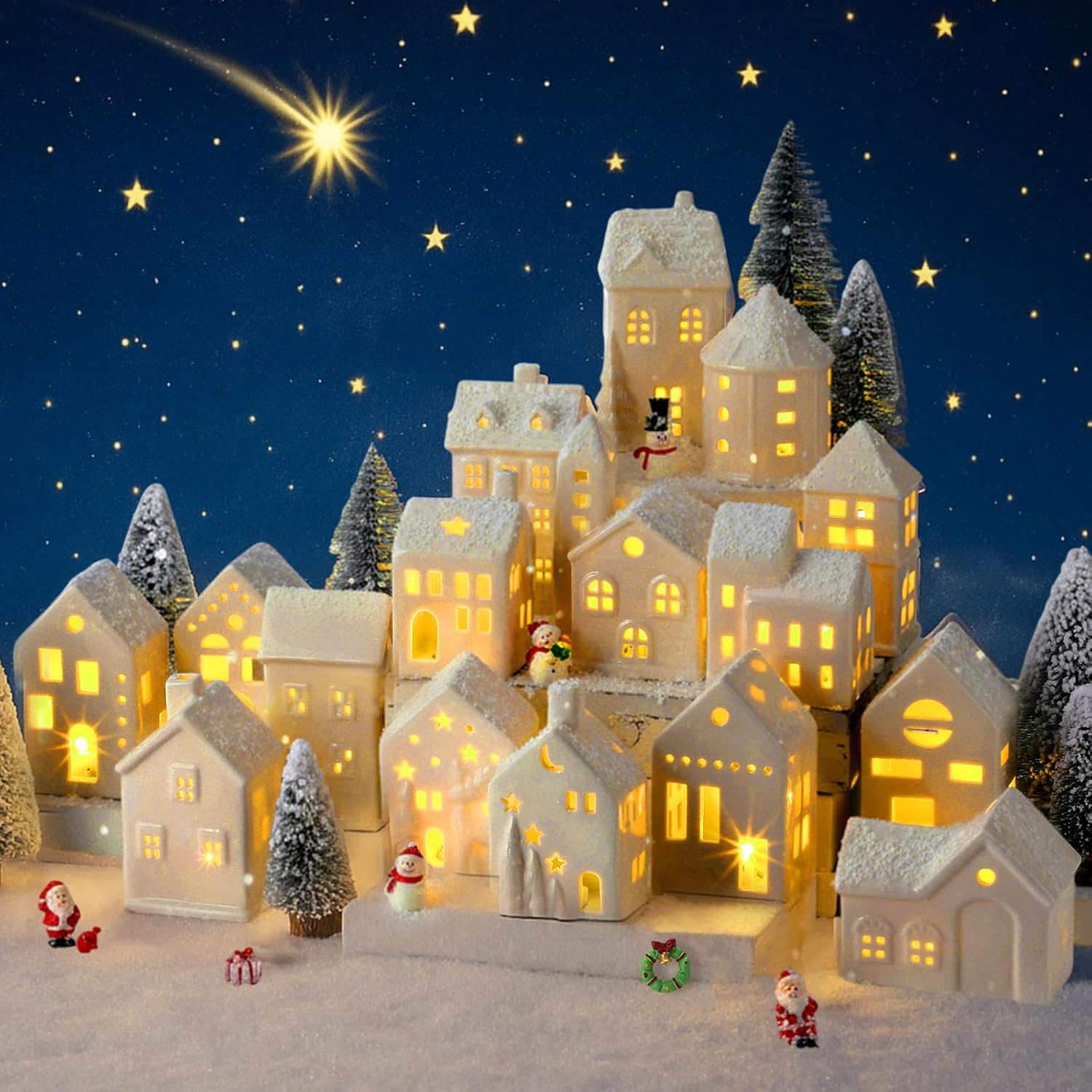 Vinsot 34-Pc LED Ceramic Christmas Village Set - Light-Up Houses, Snowmen & Trees | Festive Tabletop Decor