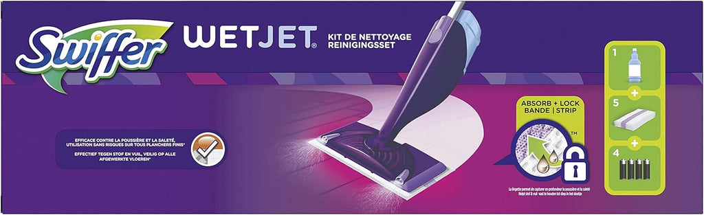 Swiffer WetJet Floor Spray Mop Starter Kit - Includes 1 Mop, 5 Pads, Cleaning Solution & 4 Batteries