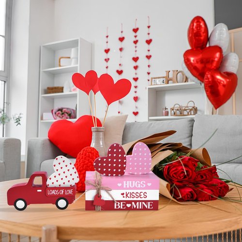 Valentine’s Day Decoration for Home, 7PCs Wooden Decorative Book Stack Set with Truck & Hearts, Rustic Valentines Table Centerpiece, Pink Red White Tiered Tray Decor for Shelf Office (red pink white)
