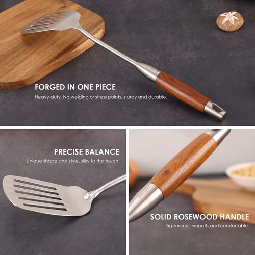 18/10 Stainless Steel Kitchen Utensils Set with Wood Handle - 15”Metal Cooking Tools & Serving Utensil, 8-Pieces Cooking Spoons Set - Spatula, Ladle, Skimmer, Turner, Pasta, Solid Spoon, Slotted Spoon