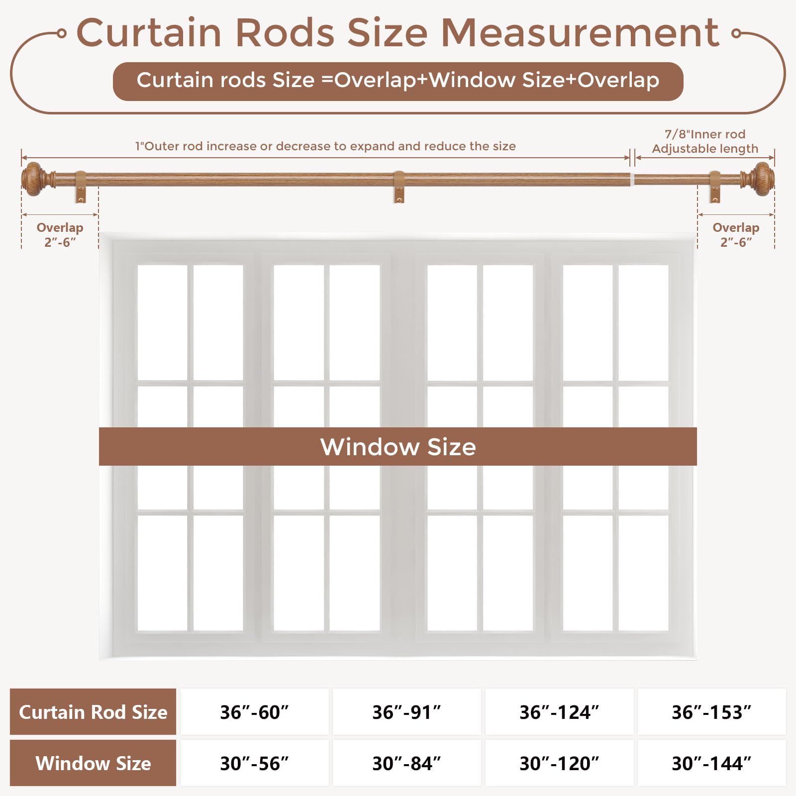 Wolistsa Wood Curtain Rods for Windows 66 to 120 Inch, Boho Vintage Decorative 1 Inch Diameter Long Wooden Curtain Rod, Adjustable Heavy Duty Rustic Farmhouse Drapery Pole with Wood Grain Finials