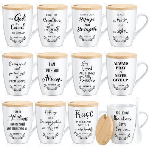 Patelai 12 Set Christian Mugs Bulk 12oz Inspirational Bible Verse Ceramic Coffee Mug with Lid Handle Spoon Religious Gifts for Sunday School Church Men Women Coworker(English)