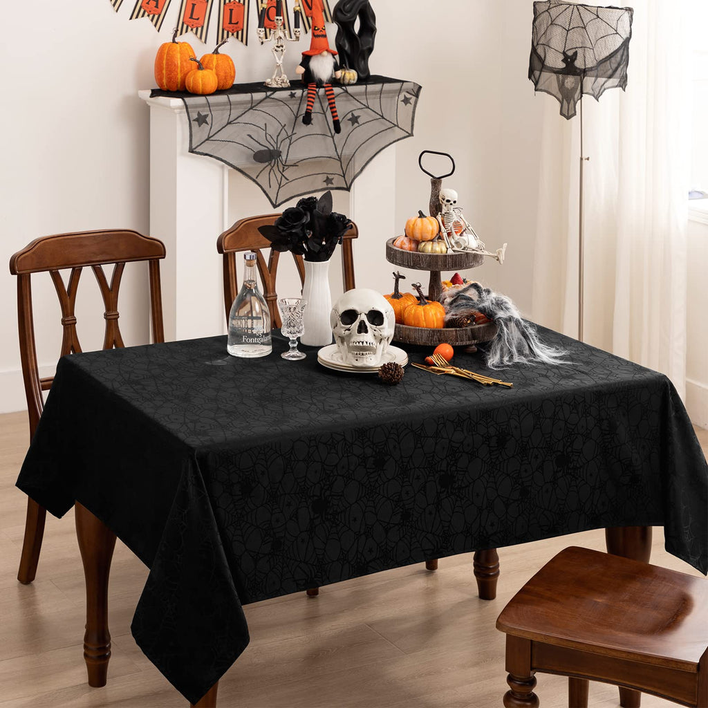 joybest Halloween Tablecloth Black Spider Web Table Cloth Spillproof Fabric Table Cover for Dining Party, Halloween Decorations, Rectangle 60 x 120 Inch