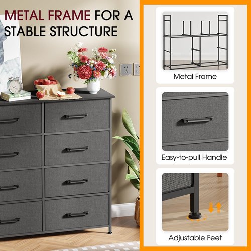 FDW 8-Drawer Fabric Dresser - Stylish Grey Storage Tower with Metal Frame & Wooden Top for Bedroom & Closet