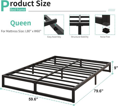 Lutown-Teen Queen Size Bed Frame - Heavy Duty Metal Platform with Steel Slat Support | Easy Assembly, Black