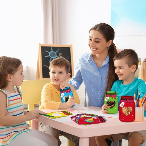 Labrostar 60Pcs Valentines Day Gifts for Kids Valentines Day Mason Jar Cards with Treat Bags for Valentines Exchange Cards Boys Girls Toddler School Classroom Activities Party Favors