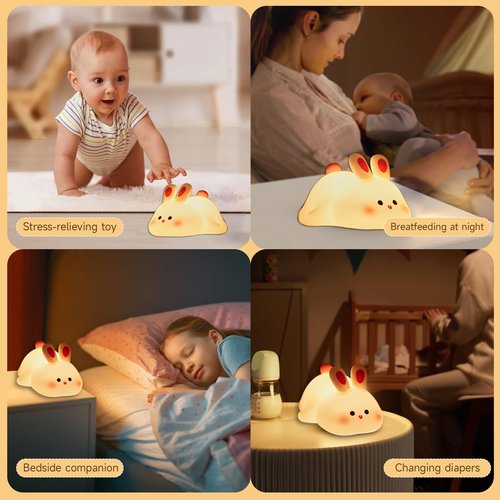 NesveCit Big Face Rabbit Night Light, Adorable LED Bunny Night Lamp, Silicone Dimmable Nursery Nightlight for Girls, Silicone Rechargeable Bedside Touch Night Lights for Easter Decor