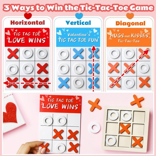 NAXYAN Valentines Day Cards for Kids School-24 Packs Valentines Gifts for Kids Classroom with Wooden Tic Tac Toe Valentine Gifts for Class Exchange Valentine's Party Favors