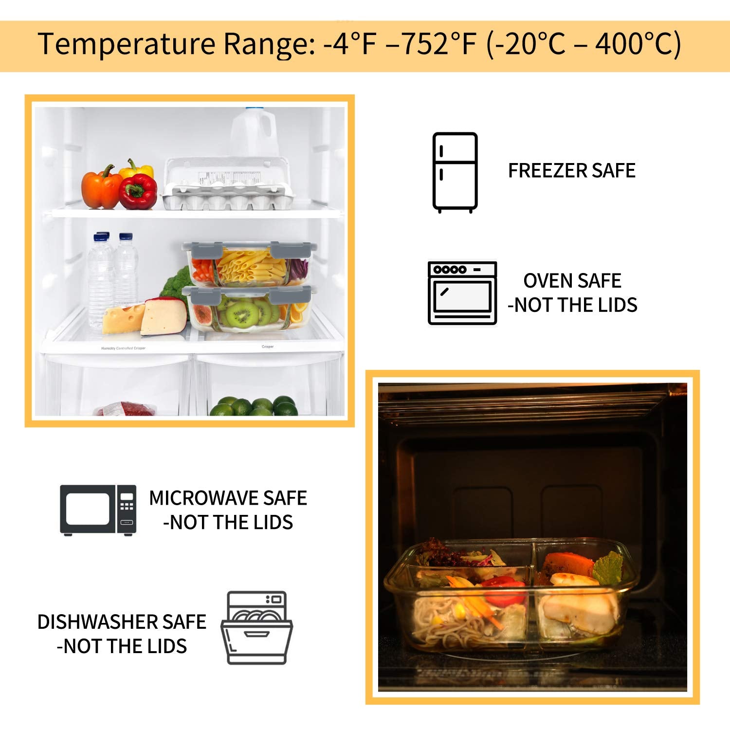 Bayco 8 Pack Glass Meal Prep Containers 3 Compartment, Glass Food Storage Containers with Lids, Airtight Lunch Bento Boxes, Leak Proof (8 lids & 8 Container) - Grey