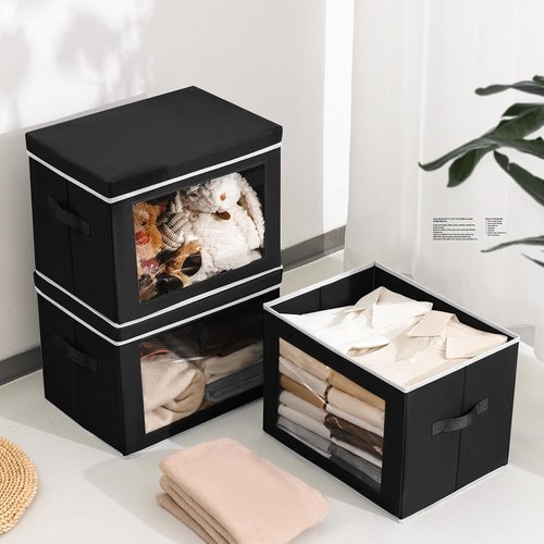 Homsorout Storage Bins - 3 Pack Large Fabric Boxes with Lids & Handles for Organizing Clothes | Black