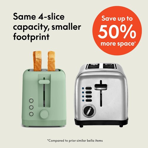 Bella 4 Slice Slim Toaster - 10” Long Slot with 6 Shade Settings & Auto Shutoff | Seaglass Color