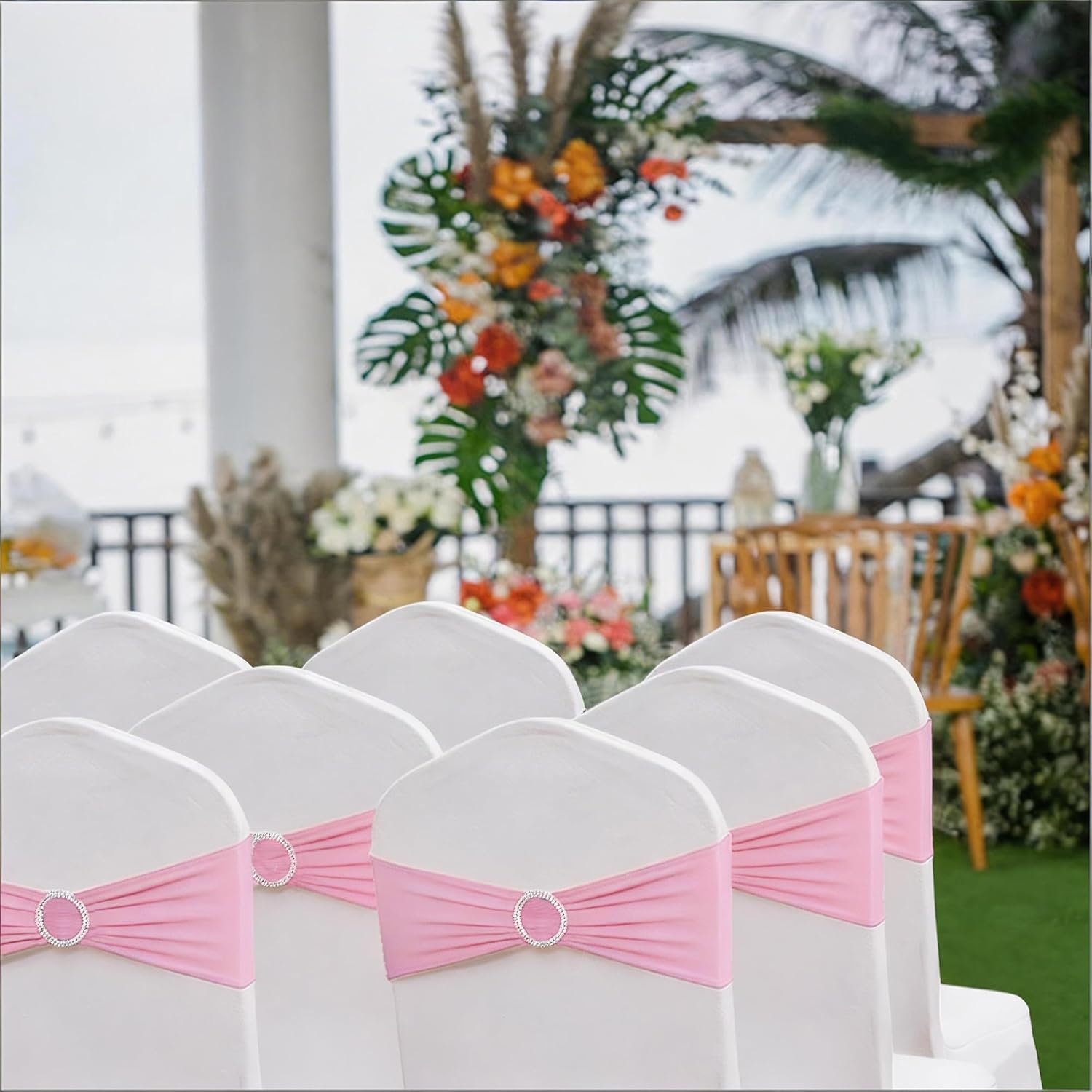 Skiennix Spandex Chair Sashes - Pack of 50 Pink Elastic Bands for Weddings & Events