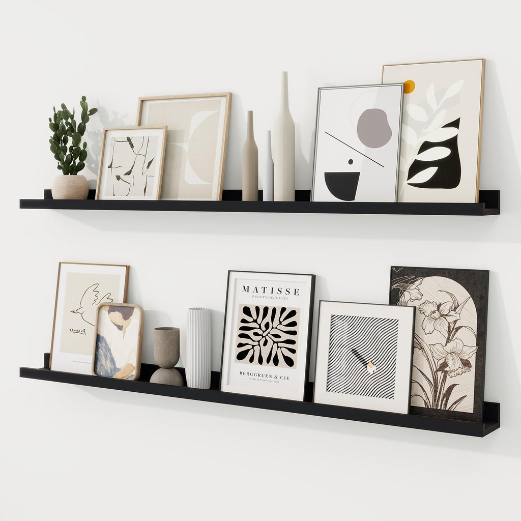 RICHFOCUS Picture Ledge Shelf, 48 inch Floating Shelves Set of 2, Wood Wall Shelves with Lip, Wall Decor Storage for Bedroom Living Room Bathroom Kitchen Nursery Photo Picture, Black
