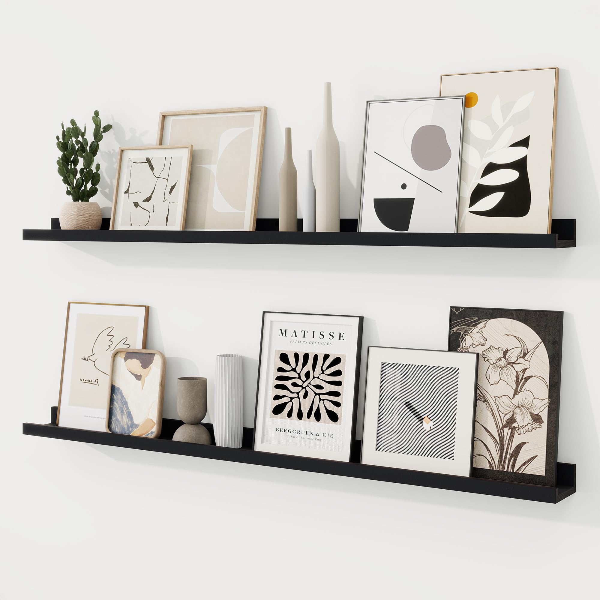 RICHFOCUS Picture Ledge Shelf, 48 inch Floating Shelves Set of 2, Wood Wall Shelves with Lip, Wall Decor Storage for Bedroom Living Room Bathroom Kitchen Nursery Photo Picture, Black