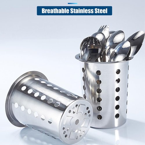 YinCukiEle 3 Compartments Commercial Utensil Holder, Stainless Steel Cylinder Flatware Silverware Utensil Holder Organizer Caddy, Silverware Organizer Countertop, 3 Perforated Cylinders