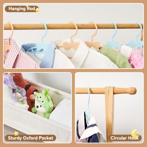 Bamnestor Bamboo Kids Clothing Rack with Storage Box - Foldable,Kids Dress Up Rack with Hooks & Rod, Organize Dress Up Storage & School Uniforms, Perfect for 4-13 Year Olds