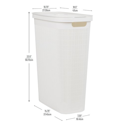 Mind Reader Slim Laundry Hamper with Lid, 40L Clothes Basket, Linen Design, Plastic, White
