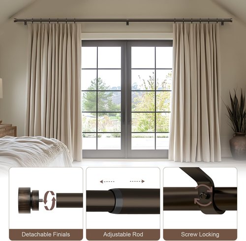 Lootkell Modern Antique Brown Bronze Curtain Rods - Adjustable 66 to 120 Inches, Heavy Duty 1" Diameter with Decorative Finials for Farmhouse Style Living Spaces