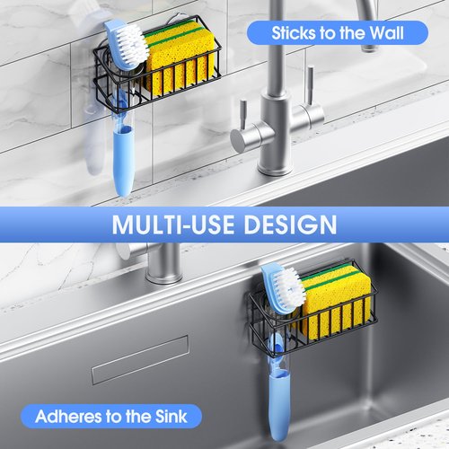 DYFVPOU Kitchen Sink Organizer, Strong Adhesive Mount Detachable Sponge Holder for Kitchen & Bathroom Sink with Extra Suction Cups, Holds Sponges, Dish Brushes, Scrubbing Pads