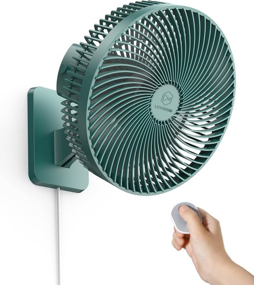 LEMOISTAR 10 Inch Wall Mounted Fan - Remote Control, 90° Oscillation, 4 Speeds, Quiet for Home & Office - Green
