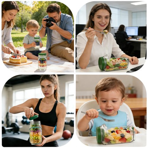 Laghura Salad Jar with Side Opening - Leakproof Portable Salad Container with Dressing Cup & Lid, Lid-to-Bowl Design, Dishwasher & Freezer Safe for for Office, Gym, Travel, Picnic, Green(4PCS)