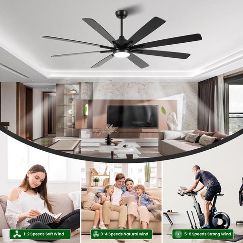 CJOY 84-Inch Low Profile Ceiling Fan - Black Flush Mount with Remote & 8-Blade DC Motor for Indoor/Outdoor Use