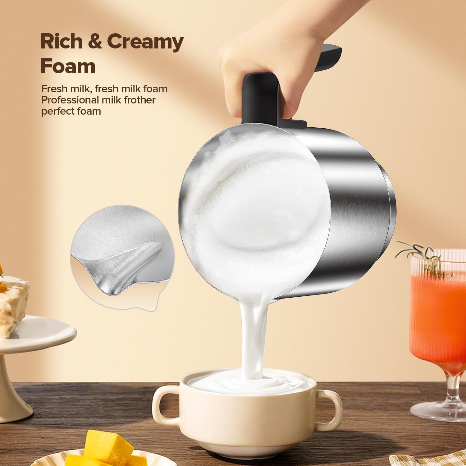 Skiennix Electric Milk Frother - Large Capacity Detachable Foam Maker | 30.44 Oz Stainless Steel Jug
