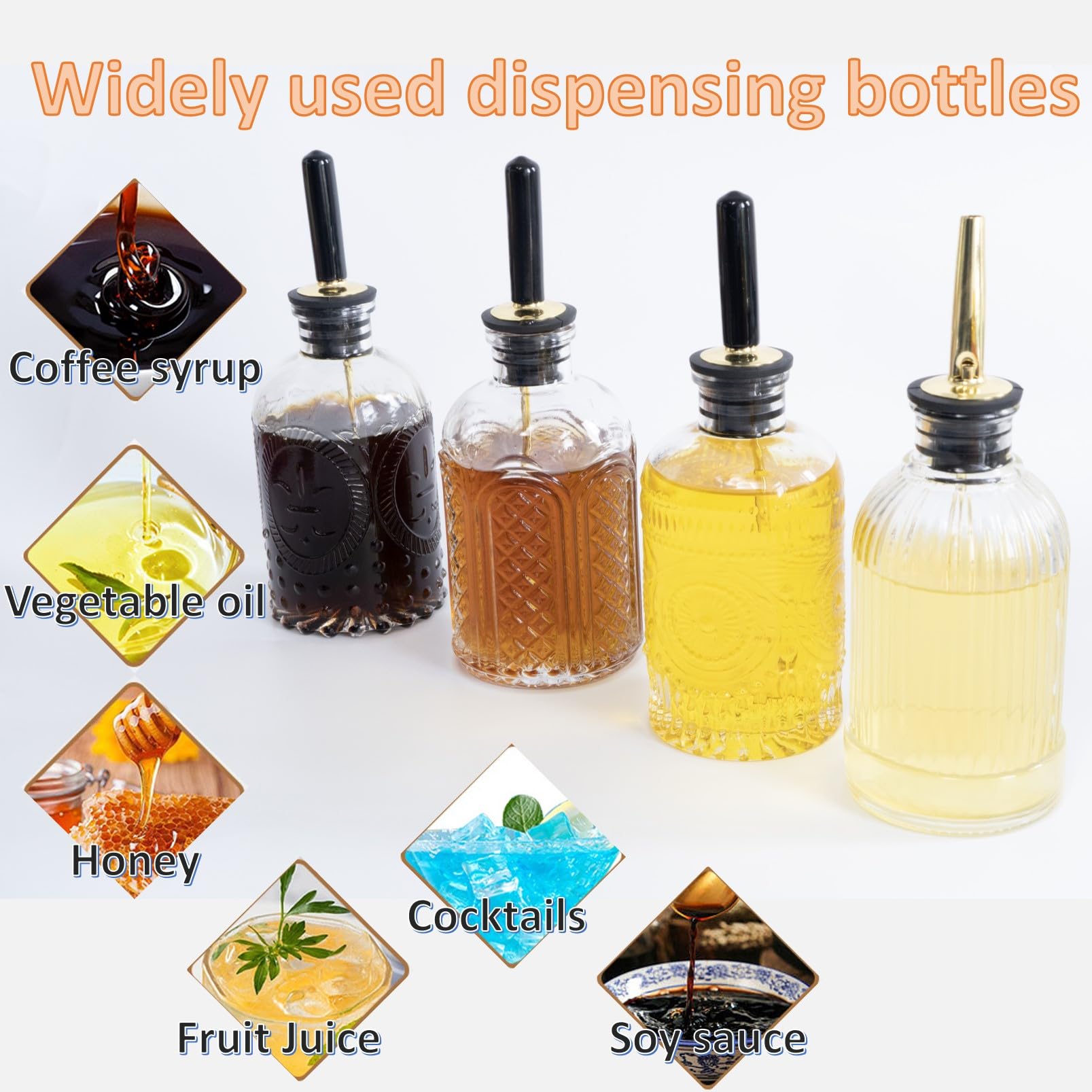 Syrup Dispenser Bottles Set,4 pcs 7oz Glass Coffee Syrup Bottle,Coffee Bar Accessories with Metal Pour Spout Ideal and labels for Coffee Syrups,Coffee bar