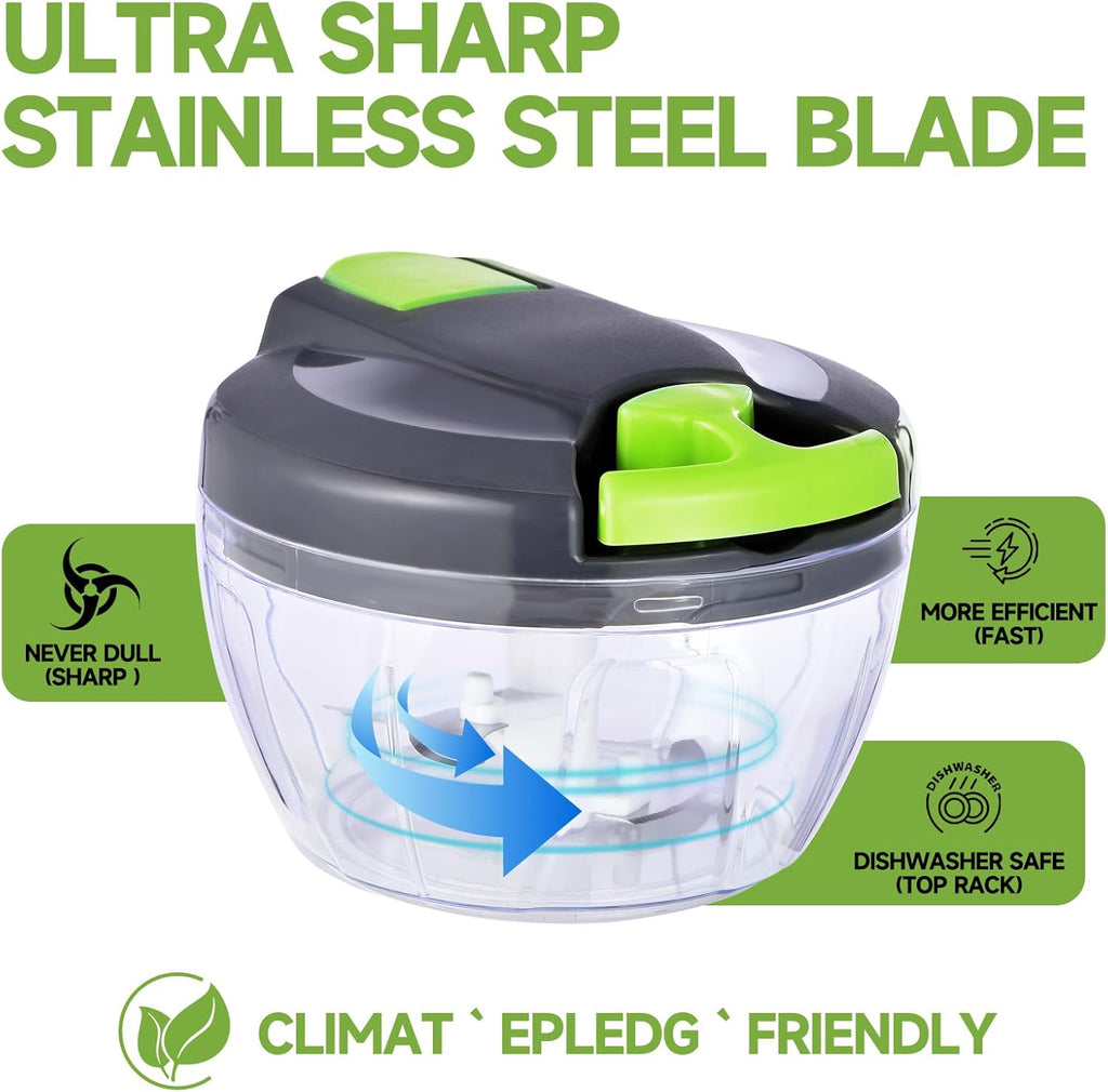Skiennix Manual Food Processor - Portable Hand-Pull Vegetable Chopper | 500ml Gray-Green Mincer for Garlic, Onions & More