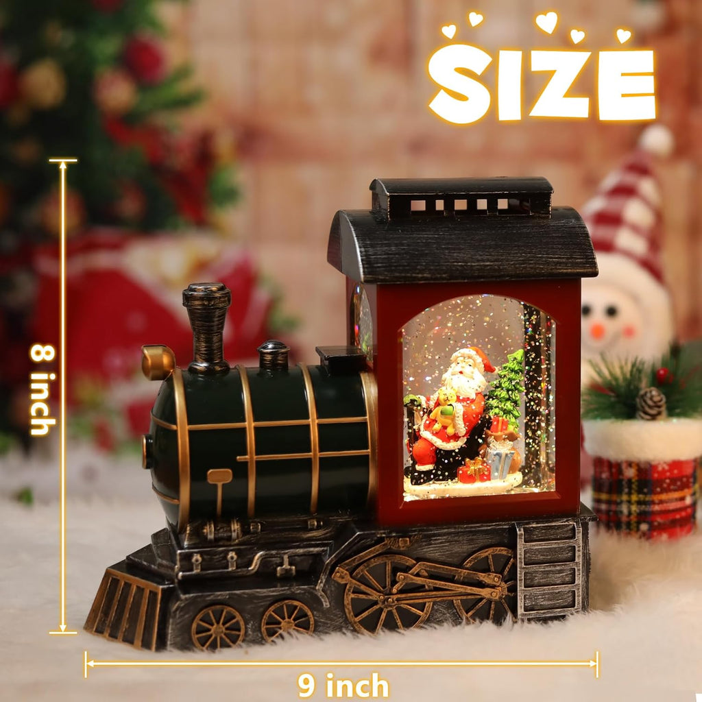 Santa Red Train Snow Globe Lantern | Glittering Light-Up Musical Christmas Decoration, 6-Hour Timer, USB & Battery Operated