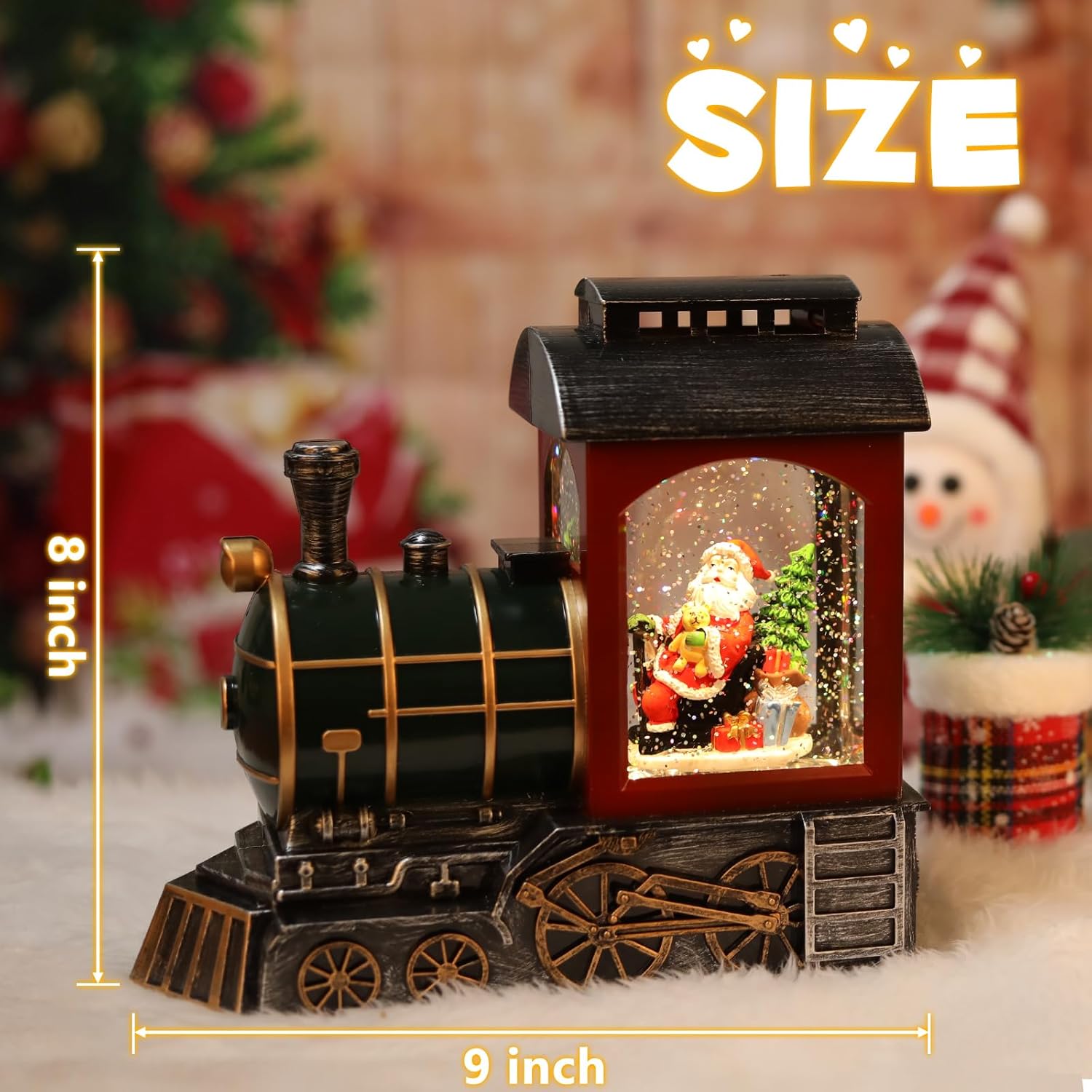 Santa Red Train Snow Globe Lantern | Glittering Light-Up Musical Christmas Decoration, 6-Hour Timer, USB & Battery Operated