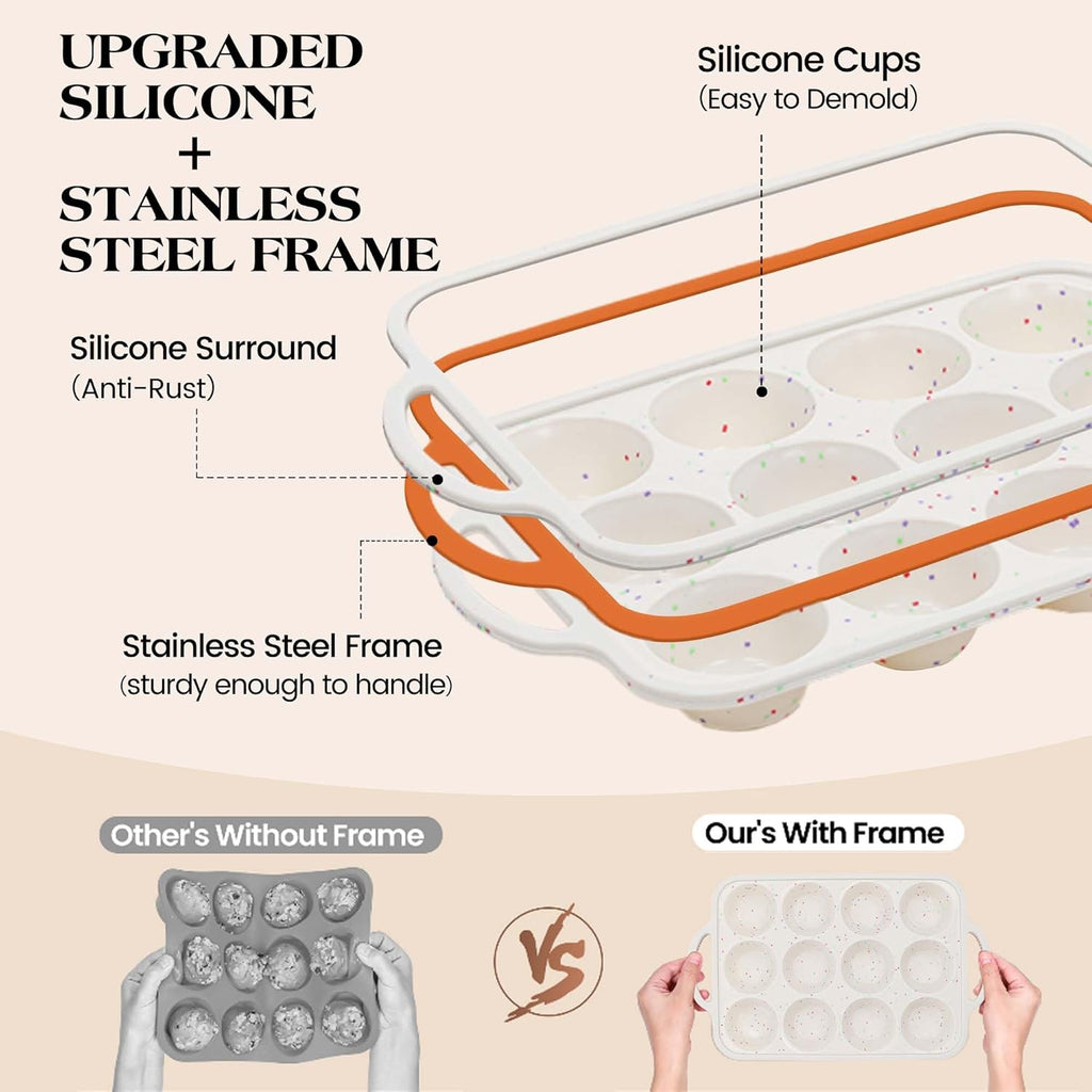 Skiennix 8-Piece Silicone Baking Pans Set - Nonstick Stackable Carbon Steel with Metal Reinforced Frame (Cream)