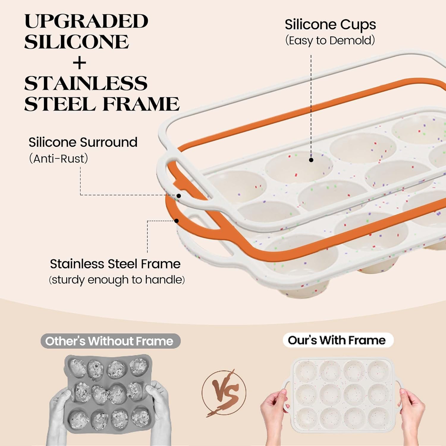 Skiennix 8-Piece Silicone Baking Pans Set - Nonstick Stackable Carbon Steel with Metal Reinforced Frame (Cream)