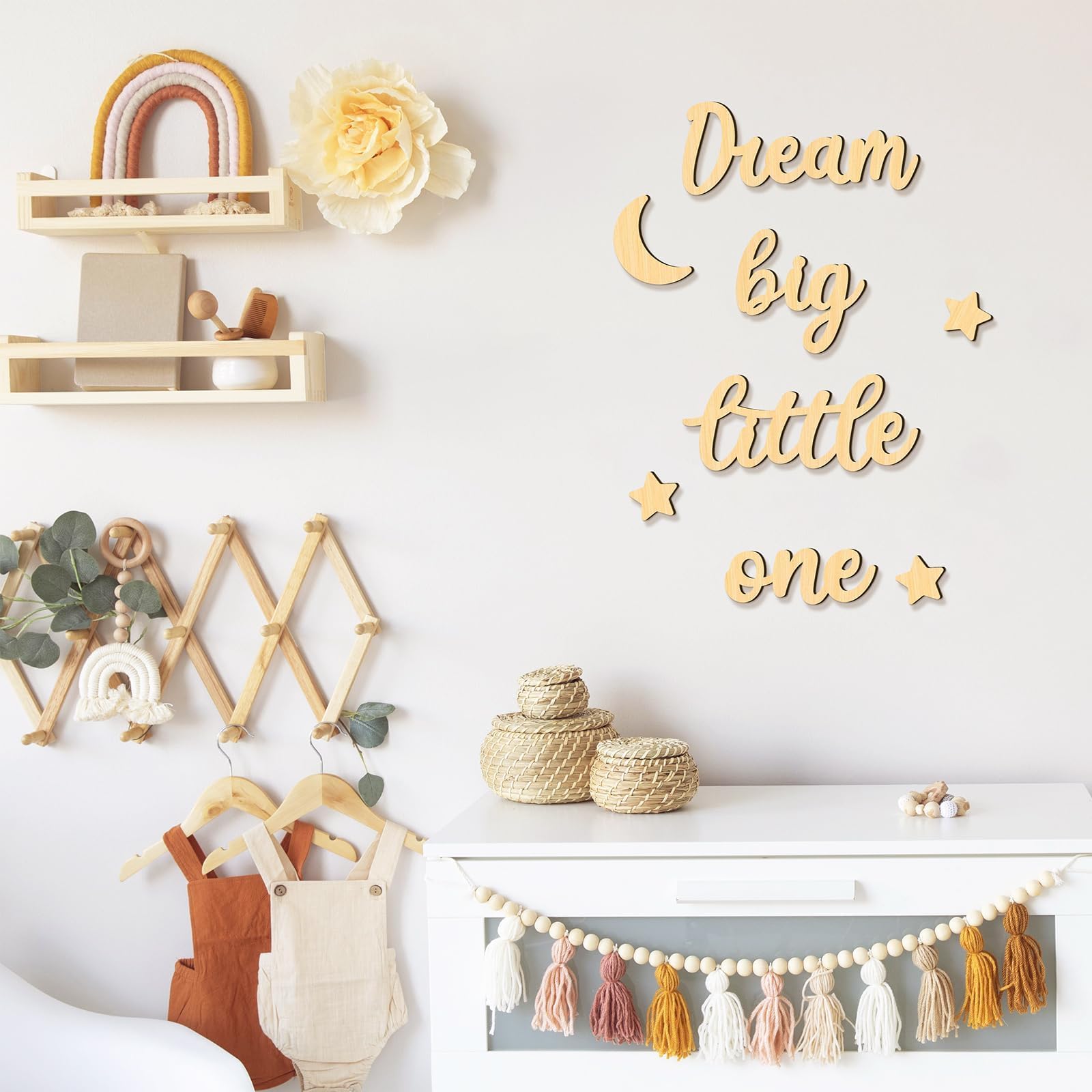 Xylolfsty Dream Big Little One Wall Decor Baby Room Decor Boho Moon Stars Wooden Sign Decoration Boys Girls Bedrooms Hang On Wall Art for Home Farmhouse Living Playroom 8PCS