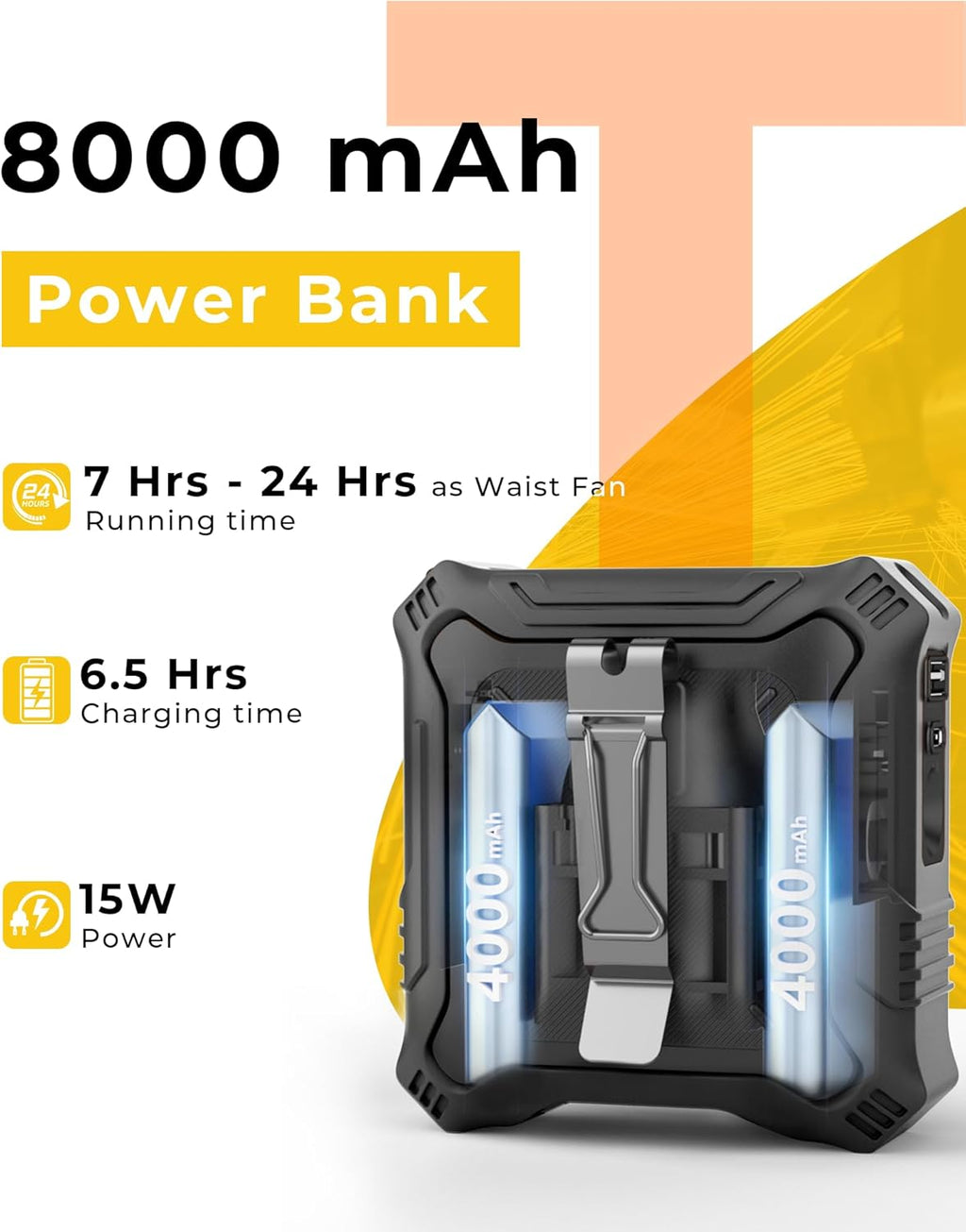 TUNISE Portable Fan - 5-Speed Dual-Sided Clip-On Waist Fan with 8000mAh Power Bank & Flashlight