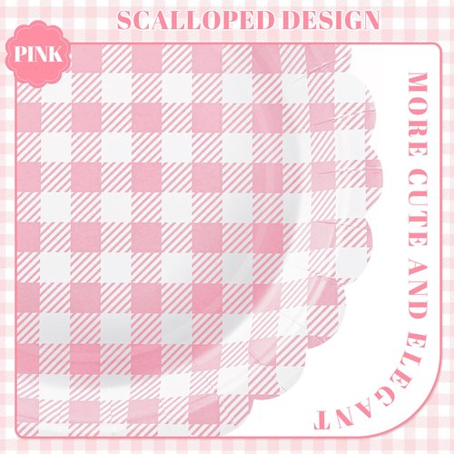NatNarr 30 Pcs Pink Gingham Plates, 9 Inch Valentines Plates Scalloped Plaid Dessert Dinner Party Plates Pink and White Gingham Party Supplies for Girls Baby Shower, Wedding, Birthday