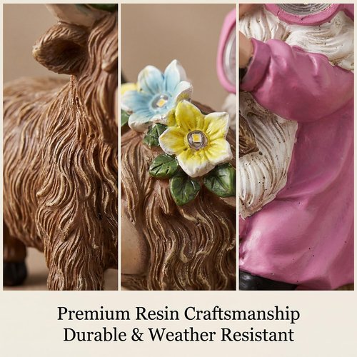 iStatue Solar Highland Cow Garden Statue - Animated LED Goggles, 8.7" Pink Resin Gnome with Moving Eyes